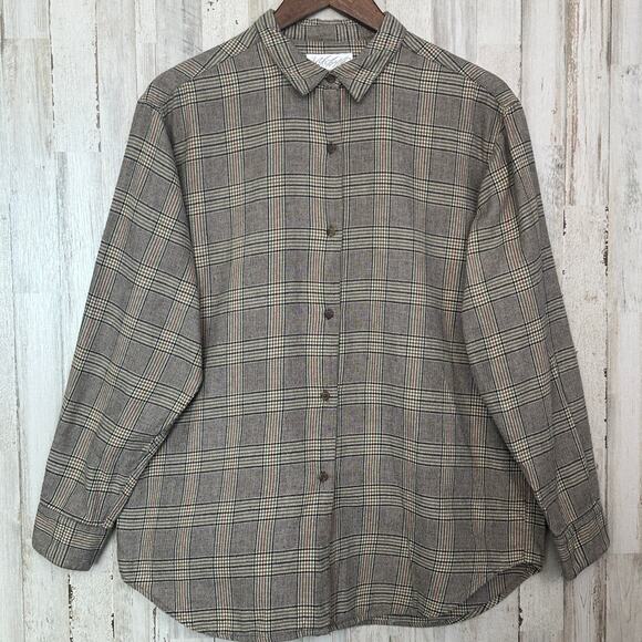 Vintage Lord and Taylor Cotton Flannel Button Down Shirt 14 Tan Plaid Preppy EUC - Picture 1 of 9